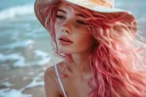 ai generato alla moda nel fucsia il rosa capelli rivoluzione per bellissimo donne foto