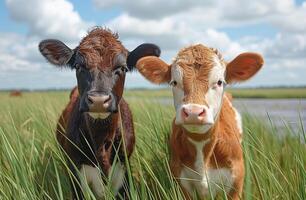 ai generato Due giovane mucche nel campo. un' Due mucche In piedi nel il erba foto