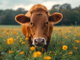 ai generato Marrone mucca è in piedi nel campo di giallo fiori foto