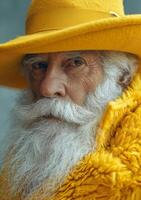 ai generato avvicinamento ritratto di anziano uomo con bianca barba e giallo cappello foto