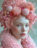 ai generato ritratto di giovane ragazza con rosa fiori e ghirlanda su sua testa foto