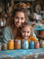 ai generato contento madre e figlia pittura vaso foto