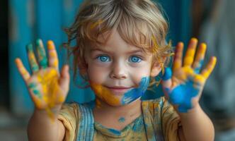 ai generato carino poco ragazzo mostrando il suo mani dipinto nel luminosa colori foto