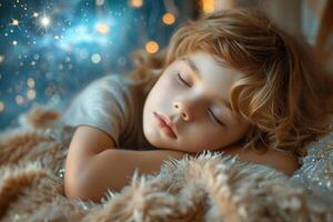 ai generato dolce sogni. bambino poco ragazzo addormentato nel il letto foto