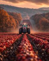 ai generato trattore Lavorando su il campo a tramonto foto