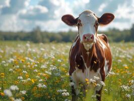 ai generato mucca su estate pascolo. un' mucca è in piedi nel un' verde campo. foto