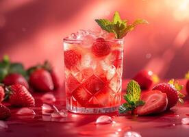 ai generato fragola cocktail con ghiaccio e menta su rosso sfondo foto