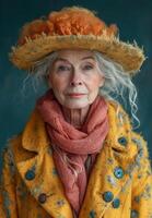 ai generato ritratto di anziano donna con grigio capelli e giallo cappotto e cappello foto