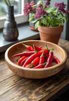 ai generato rosso caldo chili peperoni nel di legno piatto su di legno tavolo foto