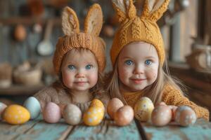 ai generato Due poco ragazze nel a maglia coniglietto orecchie siamo seduta a il tavolo con Pasqua uova. foto