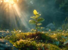 ai generato piccolo pianta in crescita su il terra nel il foresta con mattina luce del sole splendente attraverso il le foglie foto