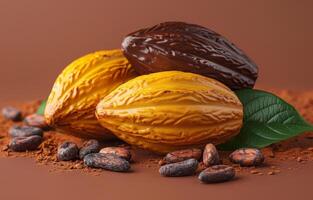 ai generato cacao fagioli e cacao frutta con cacao polvere su Marrone sfondo foto