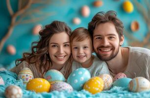 ai generato contento famiglia è dire bugie su il pavimento con Pasqua uova. foto