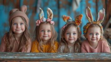 ai generato quattro carino poco ragazze siamo seduta a il tavolo nel Pasqua coniglietto orecchie foto