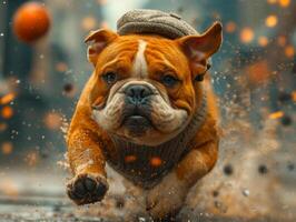 ai generato inglese bulldog in esecuzione nel il pioggia con cappello Su. un' bulldog cane nel berretto in esecuzione passato il nel il città architettura foto