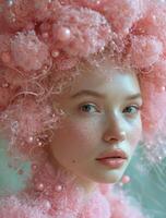 ai generato bellissimo giovane ragazza con rosa capelli e lentiggini su sua viso foto
