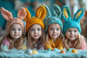 ai generato contento bambini nel a maglia cappelli foto