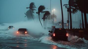 ai generato macchine navigare un' costiero strada in mezzo forte venti e crescente acque alluvionali, in mostra il gravità di il tempesta foto