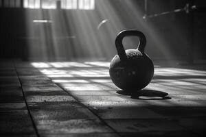 ai generato un' kettlebell nel un' buio Palestra con raggi di leggero getto un' drammatico scena foto