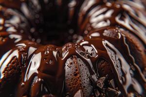 ai generato vicino su di cioccolato torta con cioccolato glassatura su buio sfondo foto