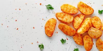 ai generato fritte patate con erbe aromatiche e spezie su un' bianca sfondo con spazio per testo, superiore Visualizza foto