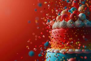 ai generato luminosa rosso blu compleanno torta decorato con coriandoli e colorato spruzzatori su un' rosso sfondo con copia spazio foto