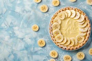 ai generato Banana torta con Banana pezzi in giro su un' leggero blu strutturato superficie con copia spazio. fatti in casa cottura al forno foto