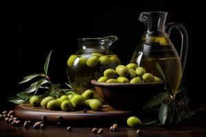 ai generato nutriente oliva olio bottiglia vergine. creare ai foto