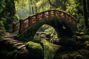ai generato verdeggiante orientale foresta ponte. creare ai foto