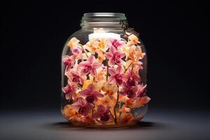 ai generato ornato orchidee bicchiere barattolo. creare ai foto