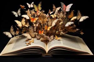 ai generato incantevole Aperto Magia libro la farfalla. creare ai foto