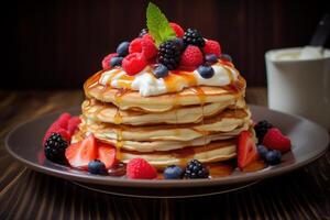 ai generato delizioso Pancakes crema frutta cioccolato. creare ai foto