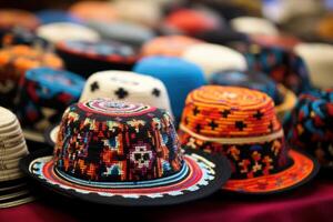 ai generato ornato Perù colorato decorato cappelli. creare ai foto