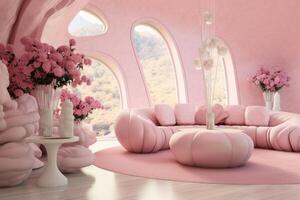 ai generato giocoso rosa fenicottero a tema camera con arredamento. creare ai foto