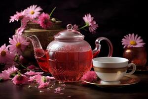 ai generato floreale rosa camomilla tè tazza striscione. creare ai foto