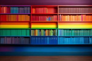 ai generato decorativo colorato cartelle libreria arcobaleno. creare ai foto