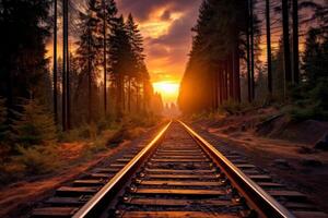 ai generato tranquillo Ferrovia foresta treno luce del sole. creare ai foto