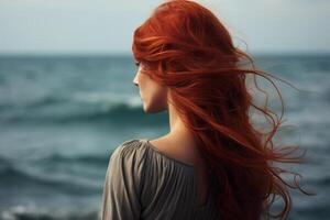 ai generato attraente rosso capelli donna scale. creare ai foto