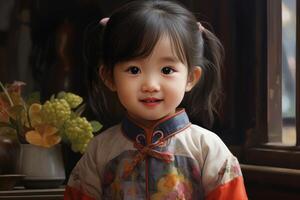 ai generato gioioso realistico sorridente Cinese poco ragazza. creare ai foto