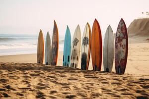 ai generato colorato riga di tavole da surf su spiaggia. creare ai foto