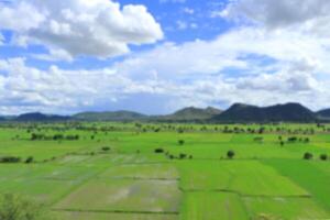 sfocato paesaggio sfondo. fresco verde riso campi, montagna e blu cielo con nube. foto