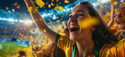 ai generato donna Tenere coriandoli sorridente a calcio gioco, donne nel gli sport gare, atletico eccellenza, competitivo spirito foto