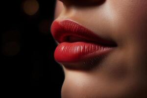 ai generato femmina labbra con rosso rossetto, avvicinamento foto