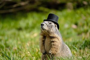 ai generato marmotta su il collina nel un' nero superiore cappello, marmotta giorno foto