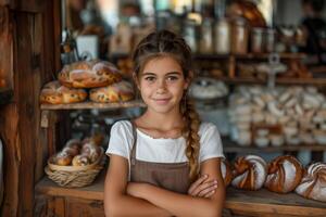 ai generato foto di un' contento assistente ragazza panettiere in piedi a il forno contatore