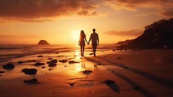 ai generato silhouette di un' romantico coppia Tenere mani e a piedi su il spiaggia a tramonto. foto