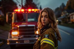 ai generato ritratto di un' fiducioso femmina pompiere in piedi con un' fuoco camion nel il sfondo foto