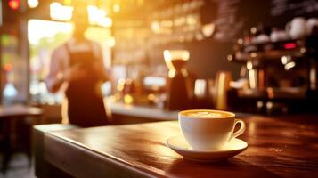 ai generato tazza di cappuccino su tavolo nel bar, avvicinamento foto