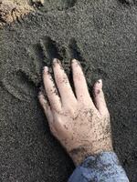 ragazzo giocando nel il sabbia su il spiaggia foto