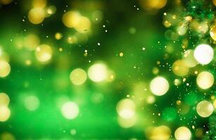 ai generato verde e oro astratto sfondo e bokeh su nuovo anni vigilia foto